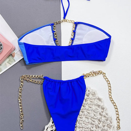 Load image into Gallery viewer, Metal Chains Halter Bikini Set Patchwork Female Brazilian Swimsuit Women Swimwear Bandeau Bathing Suit for Women
