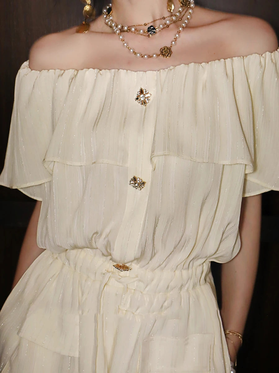 Solid Spliced Button Elegant Rompers for Women Slash Neck Short Sleeves Patchwork Ruffles Folds Romper Female New