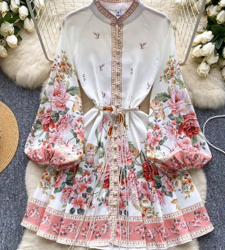 Autumn New Women Fashion White Floral Long Sleeved Lace-up Prom Dress Elegant Single Breasted Princess Pleated Short Dress Boho