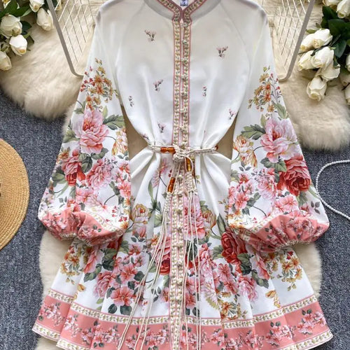 Load image into Gallery viewer, Autumn New Women Fashion White Floral Long Sleeved Lace-up Prom Dress Elegant Single Breasted Princess Pleated Short Dress Boho
