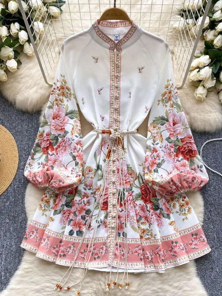 Autumn New Women Fashion White Floral Long Sleeved Lace-up Prom Dress Elegant Single Breasted Princess Pleated Short Dress Boho