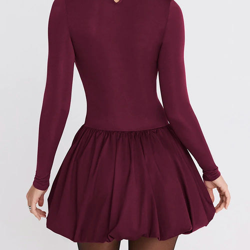 Load image into Gallery viewer, Turtleneck Long Sleeve Sexy Mini Dress For Women Robe Fashion Burgundy Patchwork High Waist A-line Club Pleated Dress
