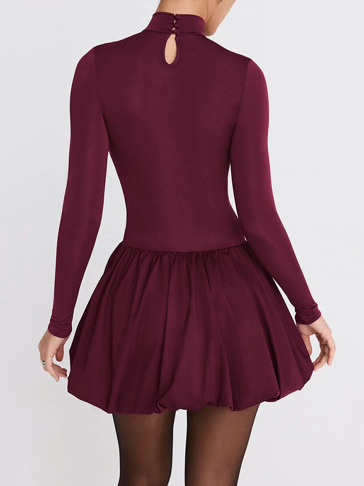 Turtleneck Long Sleeve Sexy Mini Dress For Women Robe Fashion Burgundy Patchwork High Waist A-line Club Pleated Dress