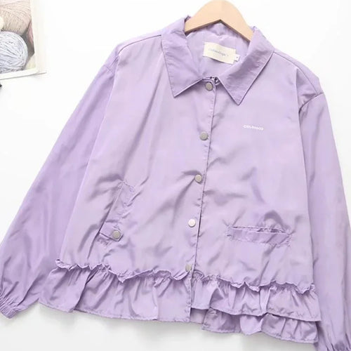 Load image into Gallery viewer, Women Jackets Purple Ruffles Patchwork Harajuku Single-breasted Coats 2024 Spring Full Sleeve Turndown Collar Pocket Outerwear
