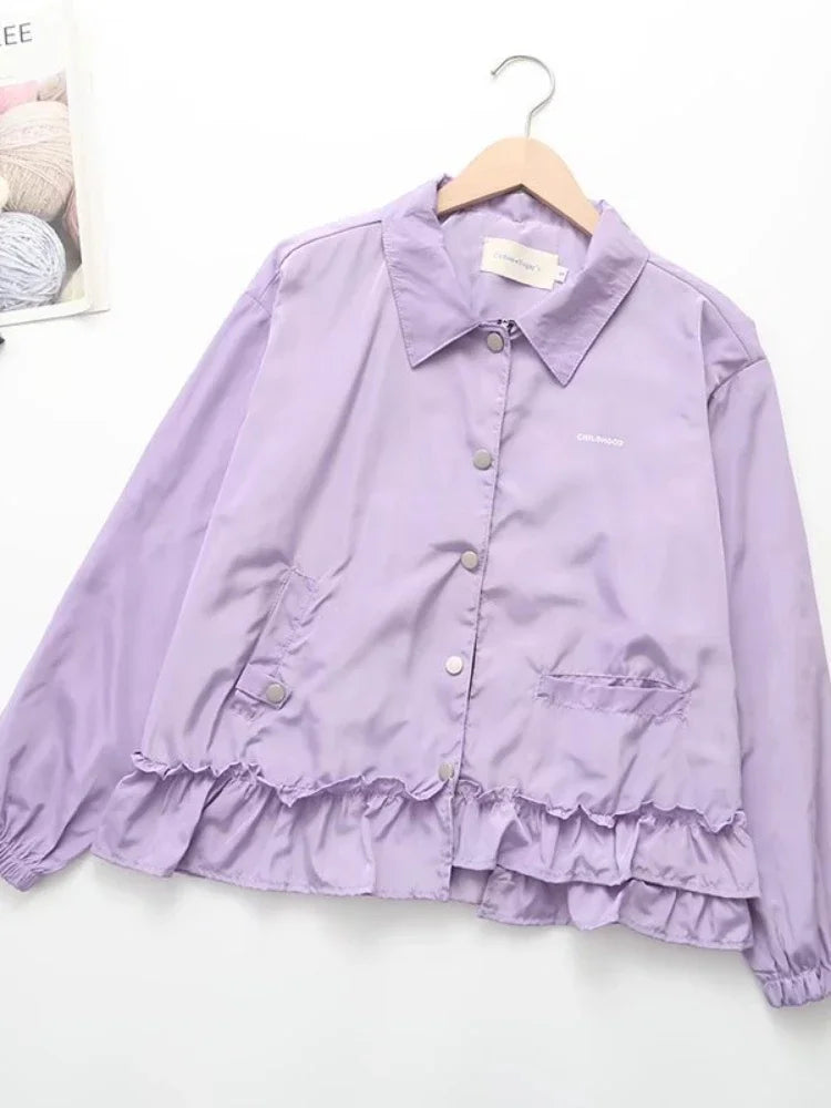 Women Jackets Purple Ruffles Patchwork Harajuku Single-breasted Coats 2024 Spring Full Sleeve Turndown Collar Pocket Outerwear