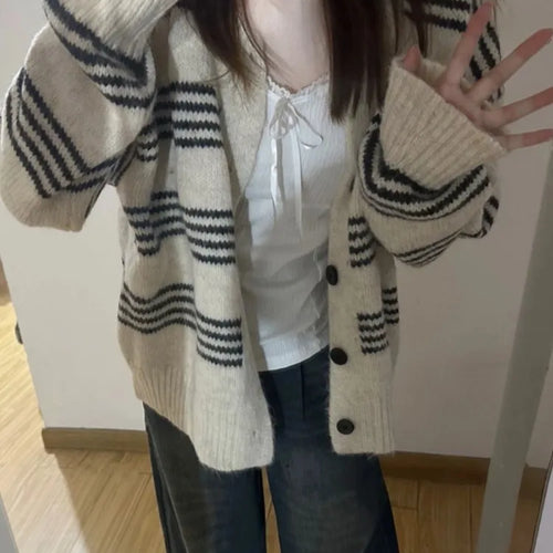 Load image into Gallery viewer, Patchwork Contrast Color Striped Knitted Cardigans Women Y2k Aesthetic Single Breasted Coats New Streetwear Casual Loose Sweater
