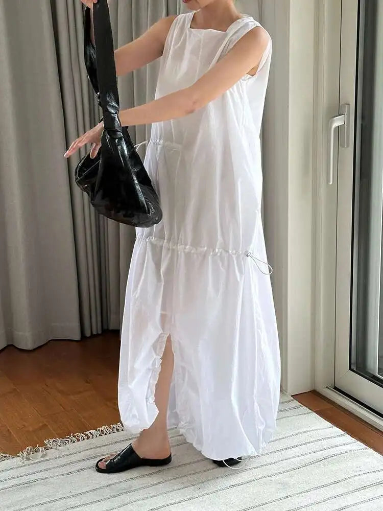 Women White Gray Big Size Long Elegant Thin Dress New Square Collar Sleeveless Fashion Tide Spring Summer 2025 1DH6054