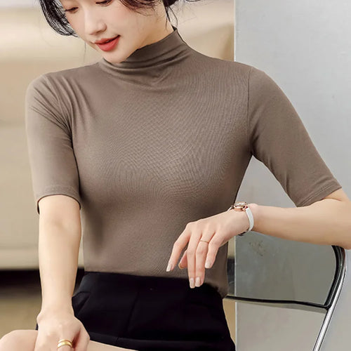 Load image into Gallery viewer, Half Turtleneck Milk Silk Tops Women Short Sleeve Slim T-Shirt Solid Color Basic Trend Bottoming Shirt High Street Women Blouse
