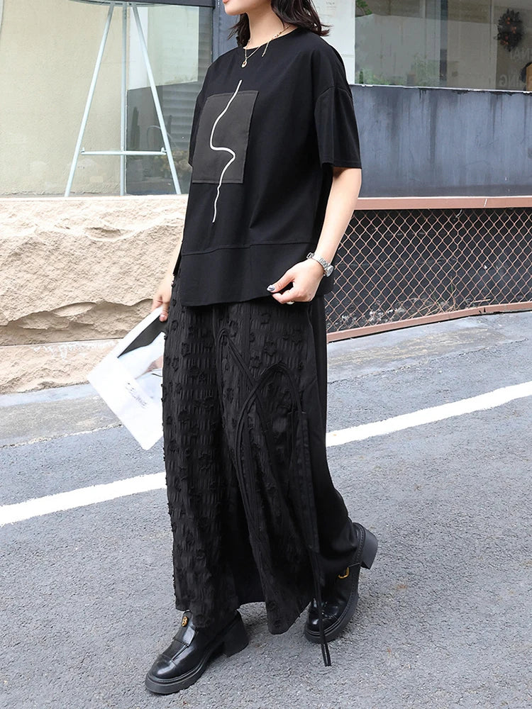 High Elastic Waist Black Jacquard Ribbon Long Wide Leg Pants New Trousers Women Fashion Tide Spring Autumn 2025 1DJ0569