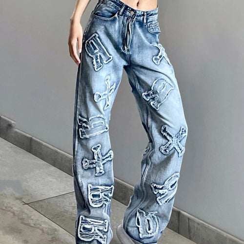 Load image into Gallery viewer, Streetwear Grunge Letter Patched Distressed Women Jeans Straight Casual Y2K Design Denim Trousers Korean Style Bottom
