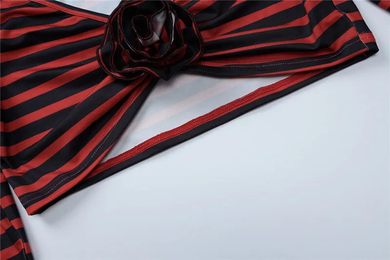 Striped Print Sexy Two Piece Set Women Floral V Neck Long Sleeve T-shirt And Mini Skirt Matching Set Sexy Two Piece Set