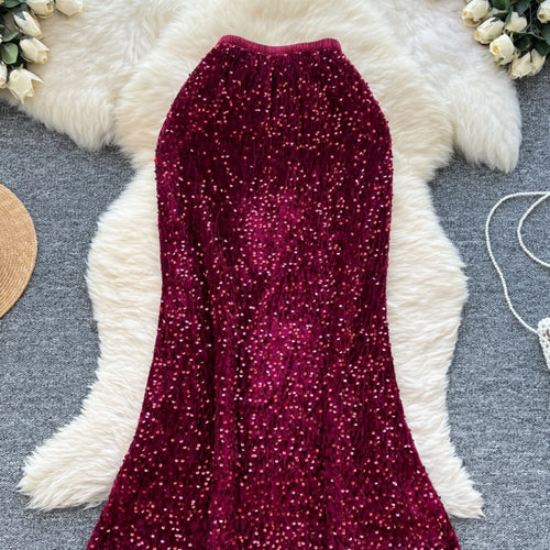 Load image into Gallery viewer, Korean Fashion Spring Black White Elegant Sequin Half Skirt Women Red Grey High Waist New Office Lady Wrapped Hip Fishtail Skirt
