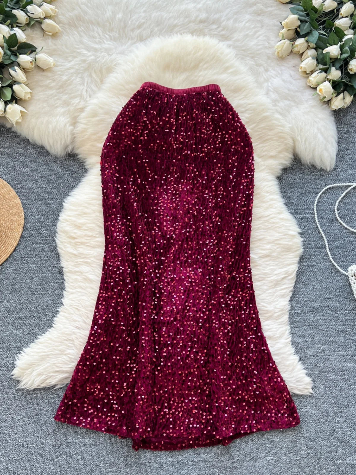 Korean Fashion Spring Black White Elegant Sequin Half Skirt Women Red Grey High Waist New Office Lady Wrapped Hip Fishtail Skirt