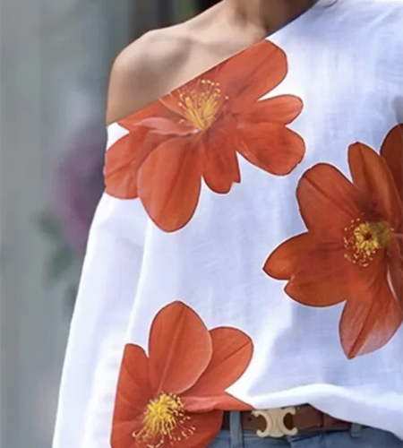Autumn Spring Flower Print Blouse for Woman Elegant One-shoulder Long Sleeves Loose Asymmetrical Shirts Female