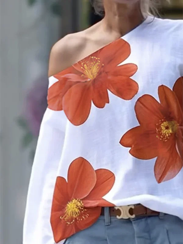 Autumn Spring Flower Print Blouse for Woman Elegant One-shoulder Long Sleeves Loose Asymmetrical Shirts Female