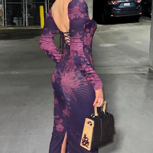 Load image into Gallery viewer, Elegant Backless Print Maxi Dress For Women Autumn Winter New Square Collar Long Sleeve Bodycon Club Party Sexy Dress
