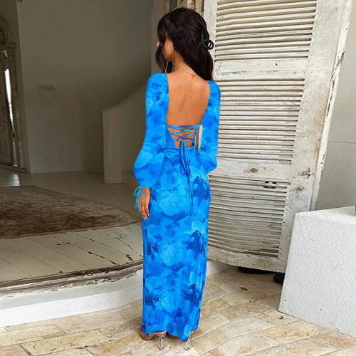 Load image into Gallery viewer, Blue Floral Print Sexy Maxi Dress For Women Gown Autumn New Square Collar Long Sleeve Lace-up Sexy Long Dress Elegant

