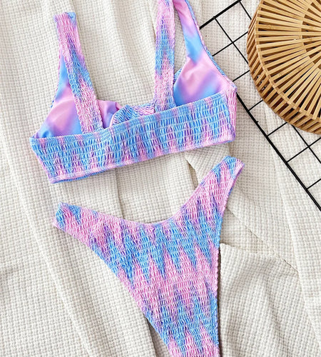 Pink Tie Dye Wrinkled Crinkled Brazilian Bikini 2024 Swimwear Women Swimsuit Two Pieces Biquini Bathing Suit