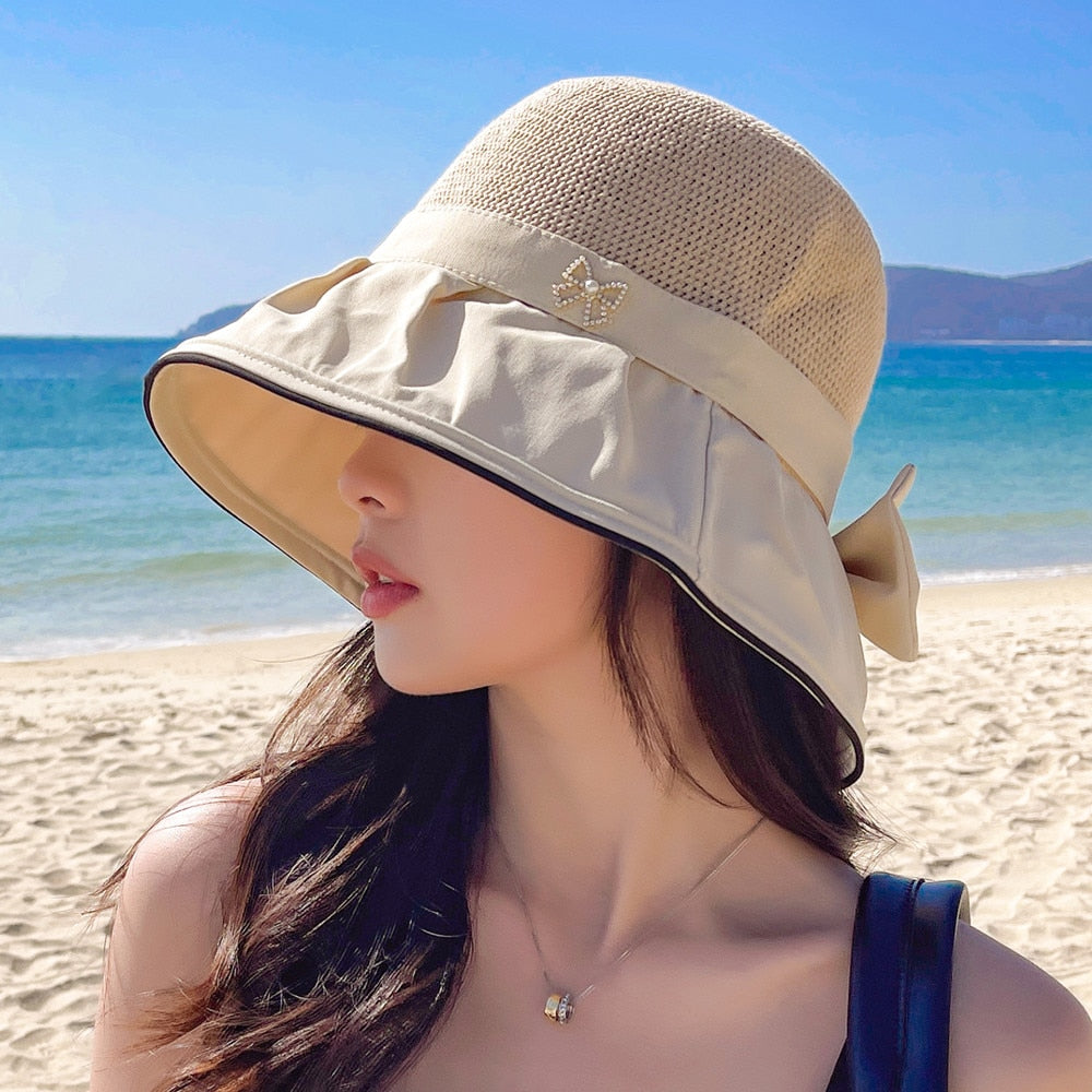 Women's Summer Sun Hat Fashion Hollow Bow Design Sun Cap Female Travel Beach Bucket Hat