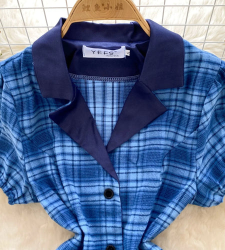 Summer College Style Retro Blue Plaid Festival Short Sleeved Dress Women's Elegant Single Breasted Slim Short Dress Popular Chic