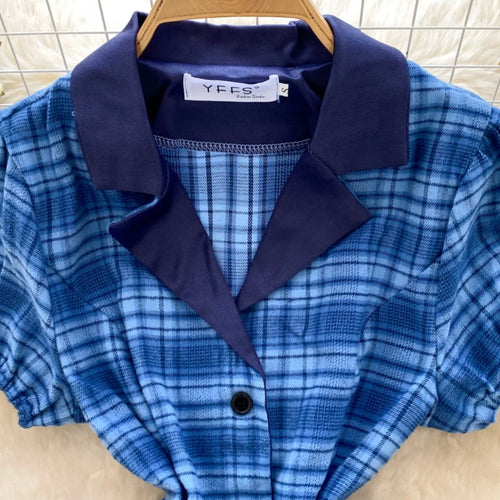 Load image into Gallery viewer, Summer College Style Retro Blue Plaid Festival Short Sleeved Dress Women's Elegant Single Breasted Slim Short Dress Popular Chic
