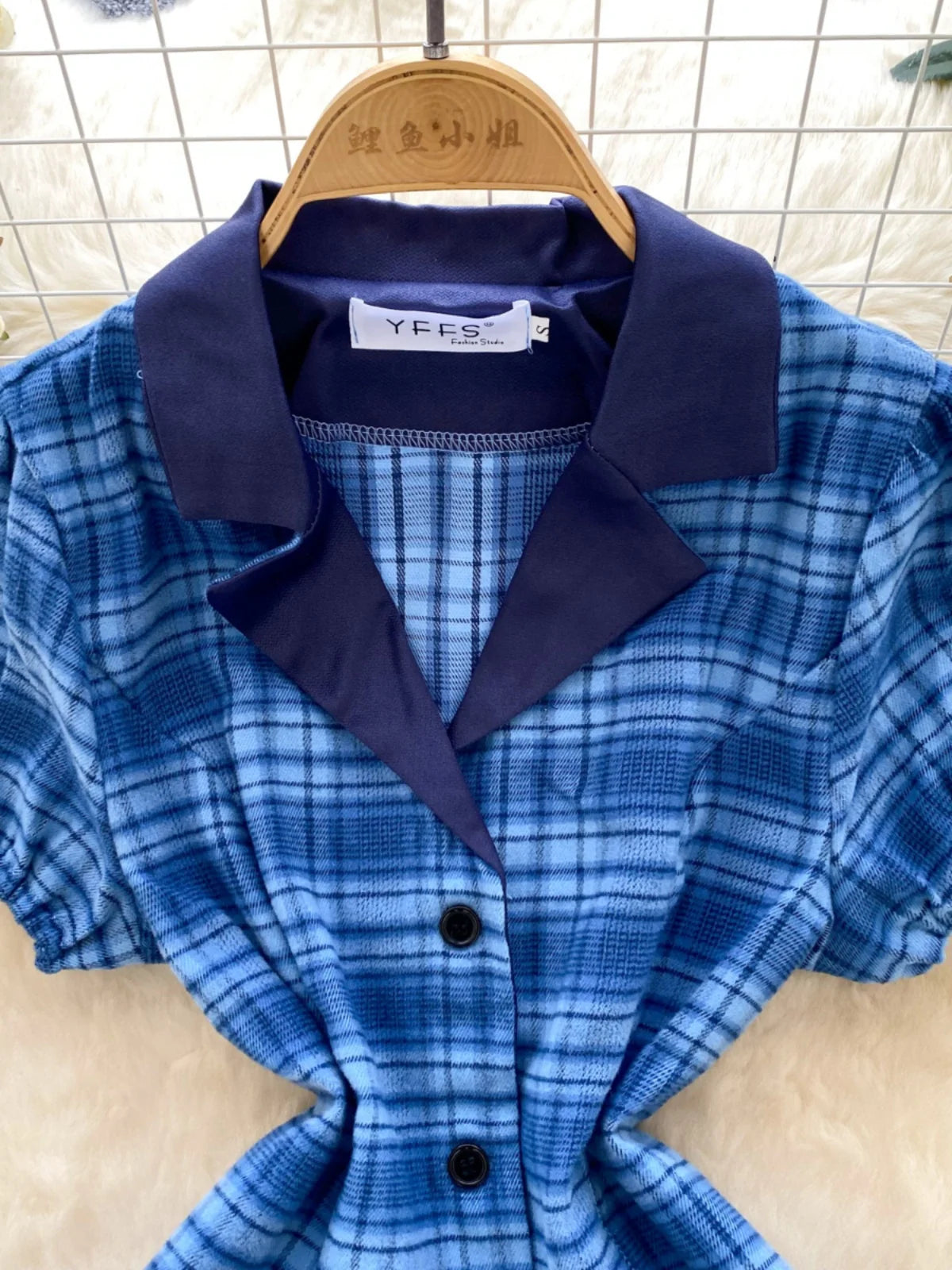 Summer College Style Retro Blue Plaid Festival Short Sleeved Dress Women's Elegant Single Breasted Slim Short Dress Popular Chic