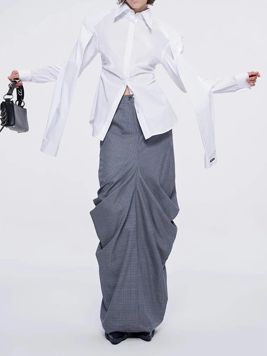 Solid Spliced Folds Slimming Dress For Women High Wiast Temperament Elegant Long Skirt Female Fashion Style Clothes