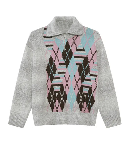 Niche Design Men's Sweaters Turn-down Collar Diamond Plaid Contrast Color Half-zipper Casual Male Pullover Knits New 9C8741