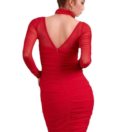 Load image into Gallery viewer, Elegant Mesh Patchwork Elastic Tight Hollow Women Dress Sexy Long Sleeve Backless Fold Double Layer Party Evening Dress
