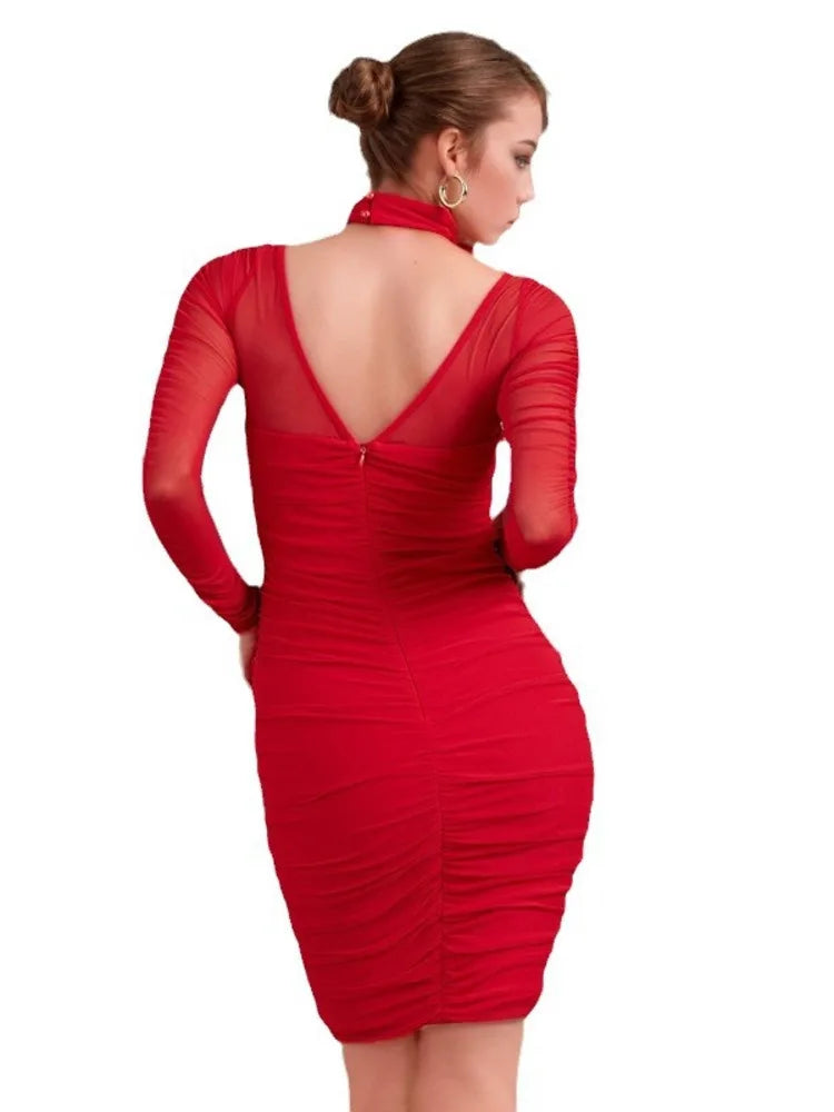Elegant Mesh Patchwork Elastic Tight Hollow Women Dress Sexy Long Sleeve Backless Fold Double Layer Party Evening Dress