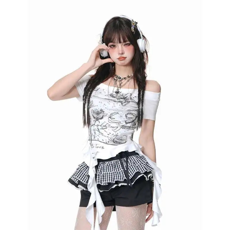 Crop Tshirts Women Clothing Fashion Summer Tees Tunic Korean Camisetas Short Sleeve Slash Neck Irregular Print T Shirts Y2k Tops