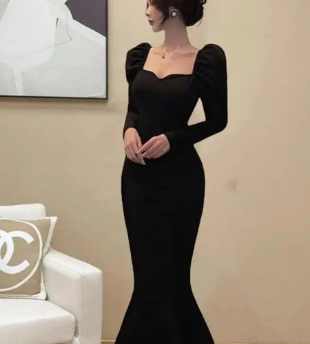 Korean Version Autumn Winter Black Square Neck Elegant Wrap Hip Dress Vintage Women Long Sleeves Knitted Fishtail Dress 2024 New