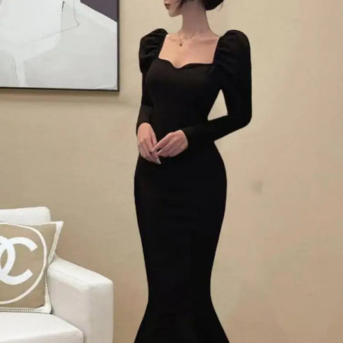 Load image into Gallery viewer, Korean Version Autumn Winter Black Square Neck Elegant Wrap Hip Dress Vintage Women Long Sleeves Knitted Fishtail Dress 2024 New
