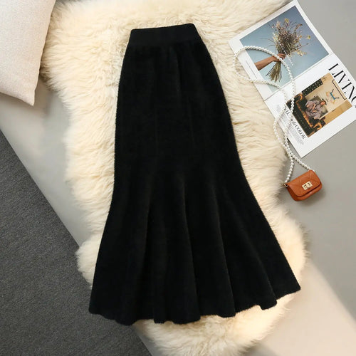 Load image into Gallery viewer, French Fashion Vintage Women Solid Ruffle Edge Knitted Fishtail Long Skirt 2024 Autumn Winter Elegant High Waist Pleated Skirts
