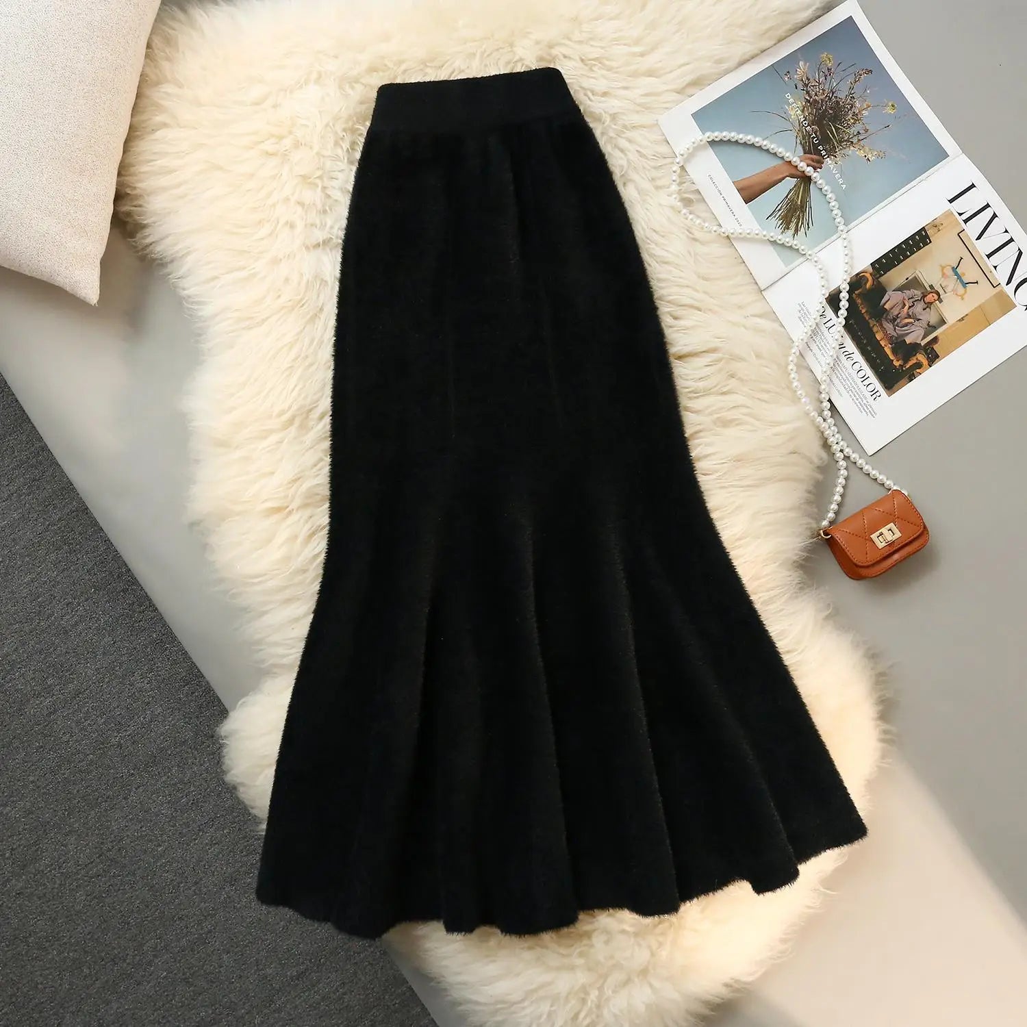 French Fashion Vintage Women Solid Ruffle Edge Knitted Fishtail Long Skirt 2024 Autumn Winter Elegant High Waist Pleated Skirts
