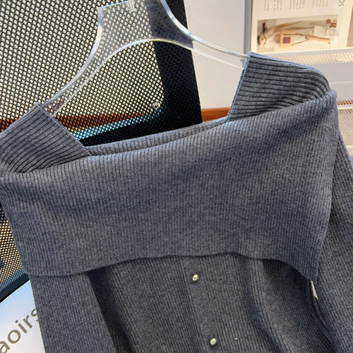 Load image into Gallery viewer, Autumn Winter Korean Black Square Neck Long Sleeve Versatile Sweater Women Red Single Breasted Short Knitted Tops Popular Simple
