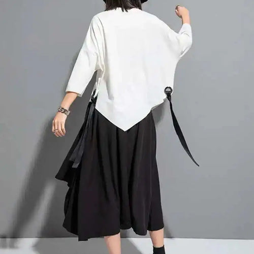 Load image into Gallery viewer, Women Black Ribbon Big Size T-shirt New Round Neck Three-quarter Batwing Sleeve Fashion Tide Spring Autumn 2025  1DF8422
