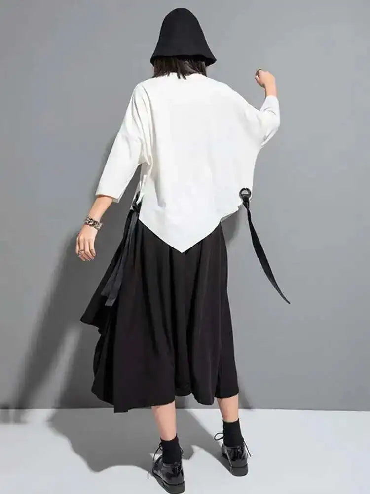 Women Black Ribbon Big Size T-shirt New Round Neck Three-quarter Batwing Sleeve Fashion Tide Spring Autumn 2025  1DF8422