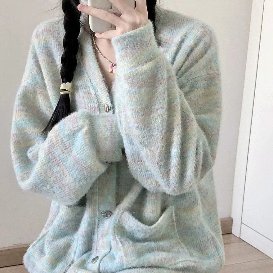 Cute Iridescence Knitted Cardigans Loose Sweet Y2k Aesthetic Single Breaste Tops Contrast Color Grunge Harajuku Sweaters Women