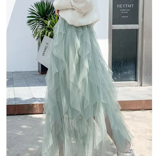 Load image into Gallery viewer, Spring Summer French Fashion Vintage Solid Mesh Slim Fairy Long Skirt Women High Waist Elegant Party Pleated A-line Skirt Simple
