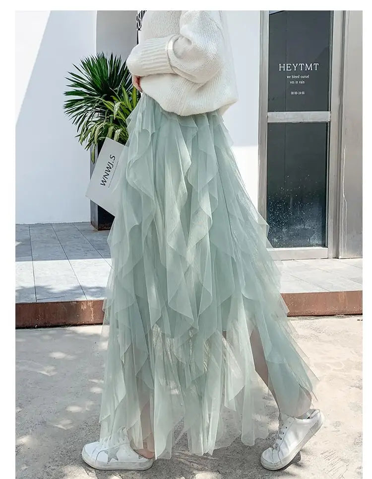 Spring Summer French Fashion Vintage Solid Mesh Slim Fairy Long Skirt Women High Waist Elegant Party Pleated A-line Skirt Simple