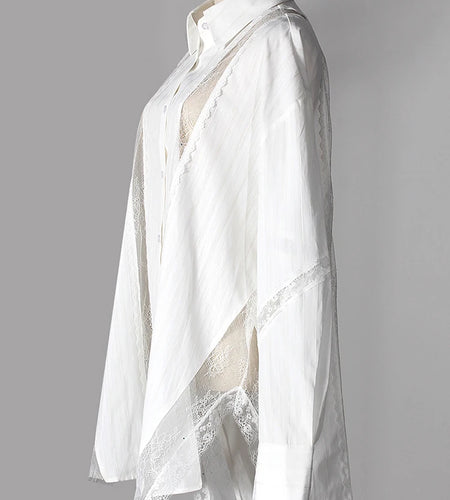 Women White Striped Lace Hollow Out Big Size Blouse New Lapel Long Sleeve Shirt Fashion Tide Spring Autumn 2025 7AB9277