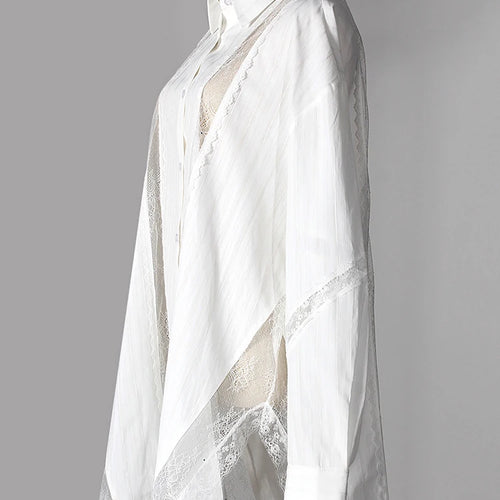 Load image into Gallery viewer, Women White Striped Lace Hollow Out Big Size Blouse New Lapel Long Sleeve Shirt Fashion Tide Spring Autumn 2025 7AB9277
