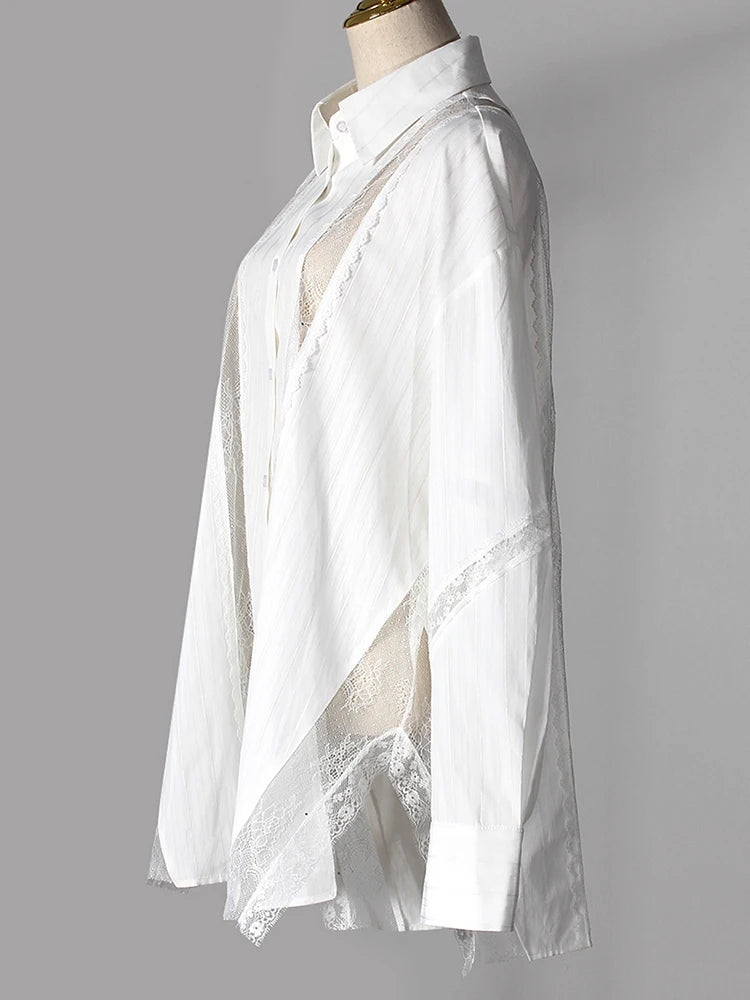Women White Striped Lace Hollow Out Big Size Blouse New Lapel Long Sleeve Shirt Fashion Tide Spring Autumn 2025 7AB9277