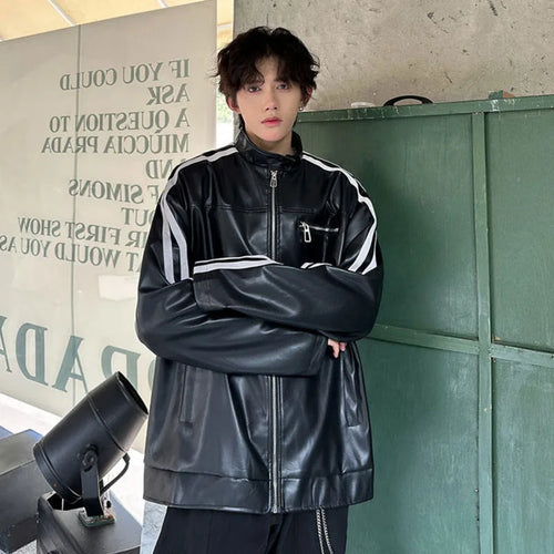 Load image into Gallery viewer, Niche Design Stand Collar Men&#39;s PU Leather Jacket Stripe Contrast Color Pockets Casual Male Jackets 2024 Autumn 9C9025
