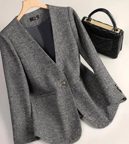 Korean Fashion Women Brown Long Sleeve Slim Woolen Blazer Coat 2024 New Autumn Winter Ladies Grey V Neck Single Button Jacket