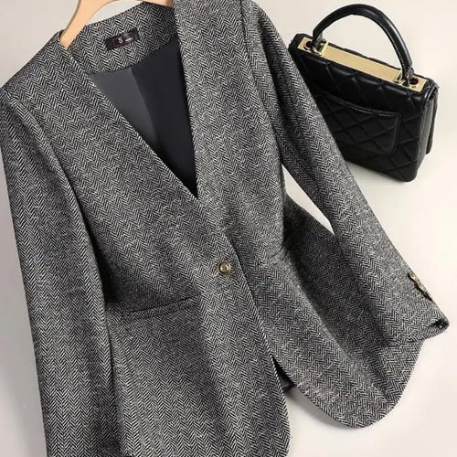 Load image into Gallery viewer, Korean Fashion Women Brown Long Sleeve Slim Woolen Blazer Coat 2024 New Autumn Winter Ladies Grey V Neck Single Button Jacket
