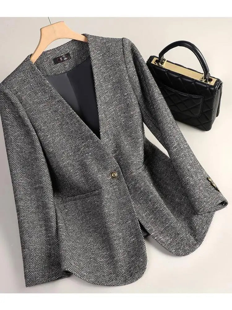 Korean Fashion Women Brown Long Sleeve Slim Woolen Blazer Coat 2024 New Autumn Winter Ladies Grey V Neck Single Button Jacket