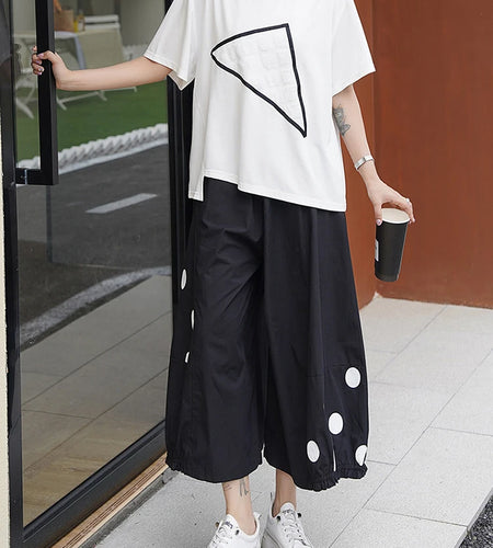 High Elastic Waist Black Dot Printed Calf-Length Wide Leg Pants New Trousers Women Fashion Tide Spring Autumn 2025 1DJ0943