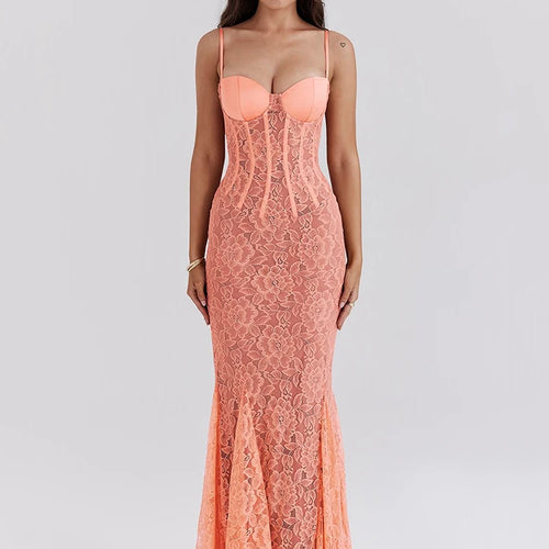 Load image into Gallery viewer, Floral Lace Sexy Maxi Dress For Women Orange Spaghetti Strap Sleeveless Backless Bodycon Club Party Long Dress Elegant
